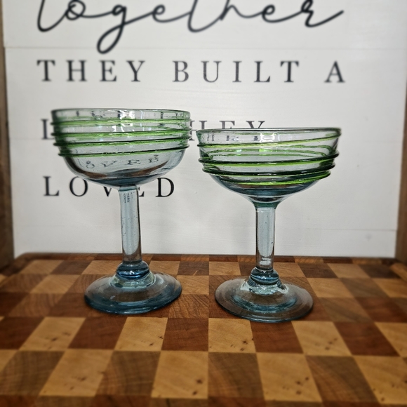 Handblown Blue & Green Swirl Margarita Glasses Set Of Two - Picture 3 of 11